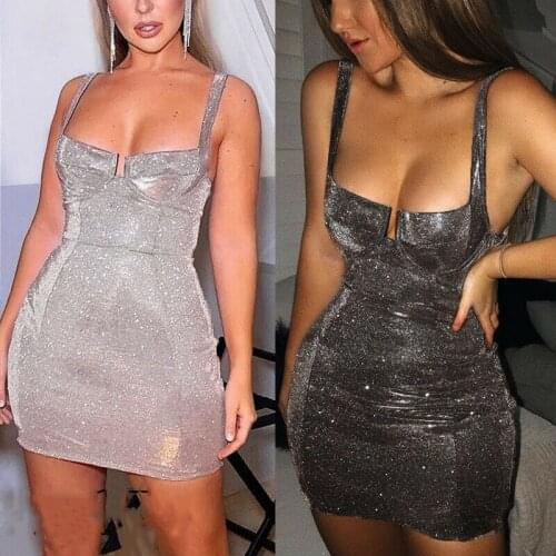 Women Sexy Ladies Sleeveless Strap Bodycon Dress Evening Party Mini Pencil Dress Short Sequin Shinny Skinny Clubwear Women Dress