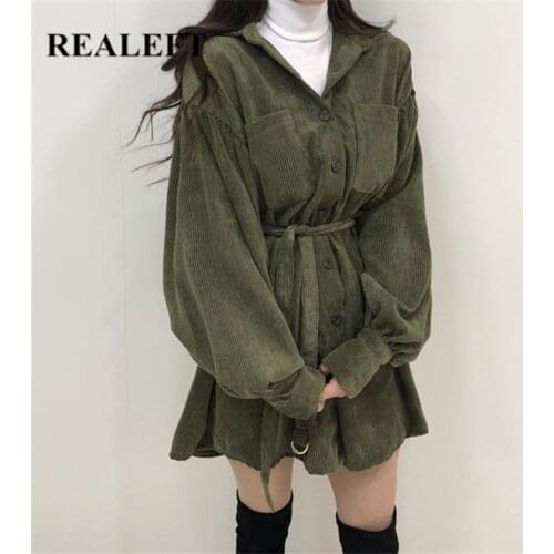 REALEFT 2021 New Autumn Corduroy Dress for Women Korean Style Natural Waist Lantern Sleeve Solid Casual A-Line Dresses Female