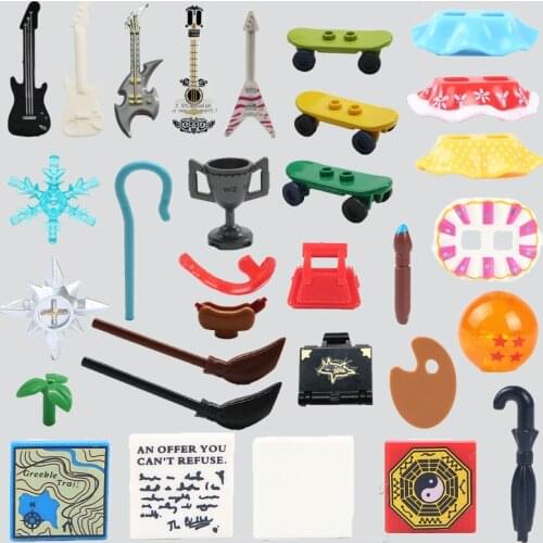 10pcs/lot Fittings Small Decoration Movie cartoon cartoon Guitar Skateboard Magic broom Snowflake Building Block Toy Children