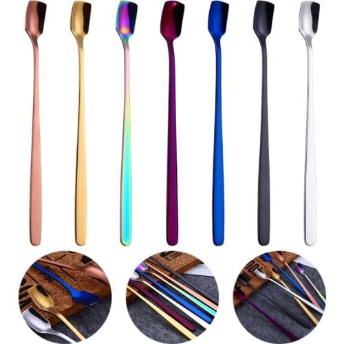 304 Stainless Steel Square Head Spoons Korean Solid Mug Spoon Home Dessert Coffee Ice Cream Cocktail Long Handle Spoons