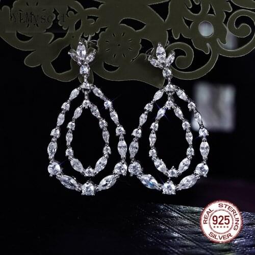 36MM Real Silver Big Water Drop Earrings With Shiny Zircon Crystal 925 Fine Jewelry For Women