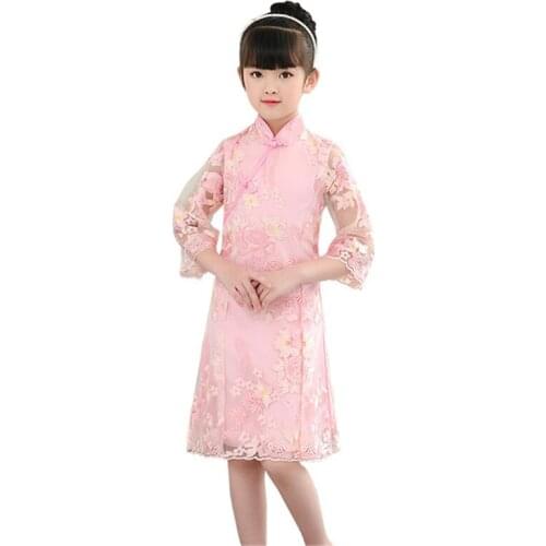 Childrens cheongsam improved hanfu lace girl cheongsam chinese dress retro elegant tang suit pink vestido chino