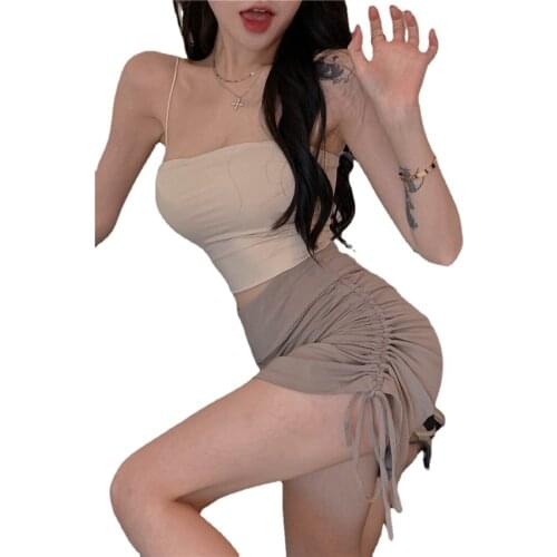 BM Fashion Sexy Hot Girl 2 Piece Skirt Sets Slash Neck Camisole Crop Top&Drawstring Pleated Mini Skirt Shorts 2pc Matching Suits