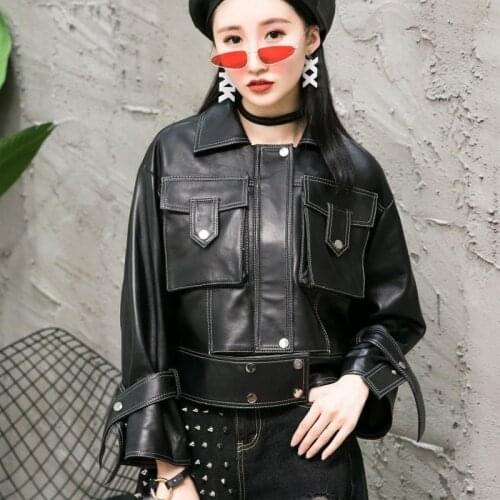 Streetwear Women New Fashion Biker Natural Leather Jacket Short Pockets Loose Fit Hip Hop Outwear Coat Genuine Leather Jacket