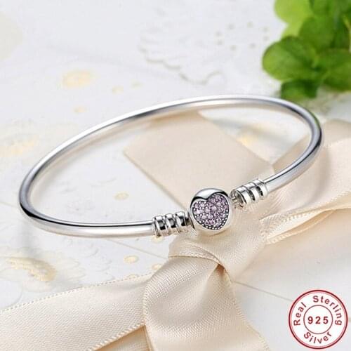Hot Sale 925 Sterling Silver Purple Heart CZ Zircon Bangle Women Trendy Romantic Love S925 Stamp Charm Bracelet for Wedding Gift