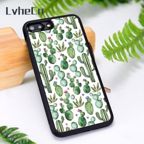 LvheCn Silicone Rubber Phone Case Cover for iPhone 6 6S 7 8 Plus X XS XR 11 12 Mini Pro Max watercolor cactus plants pattern