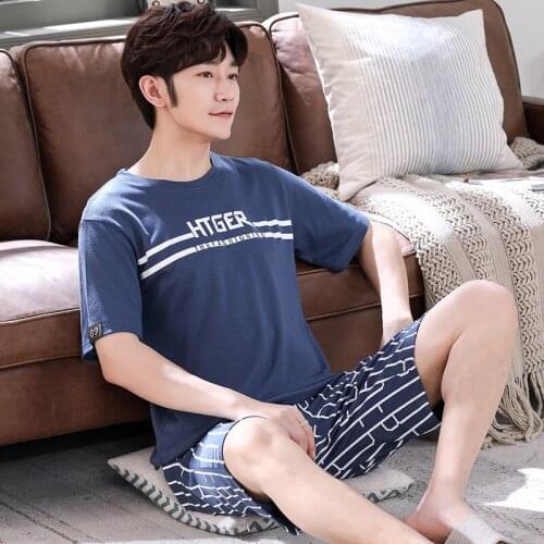 Letter&Cartoon Boy Man Pullover Short Sleeve Pants Pajama PURE Cotton Jammies O-Neck Home Casual Sleepwear Nightwear Pyjamas HDE
