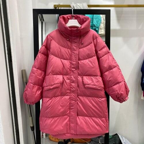 Mid-length Stand Collar Pocket Women Puffer Jacket Winter Female Casual Parkas Rose Red Beige Loose Long Sleeve Warm Down Jacket
