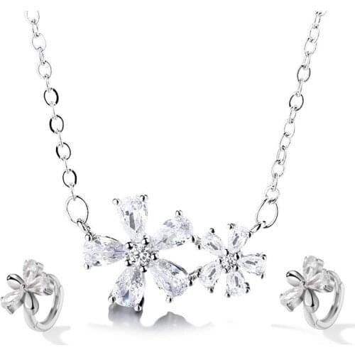 925 Sterling Silver Flower Charm Necklace Stud Earrings For Women Girls Jewelry Set Pendientes eh1348