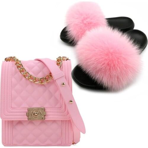 Women Fur Slides With Match Purse Set Luxury Fluffy Real Fox Fur Slippers Rainbow Color Jelly Fanny Pack Female Beach Sandals