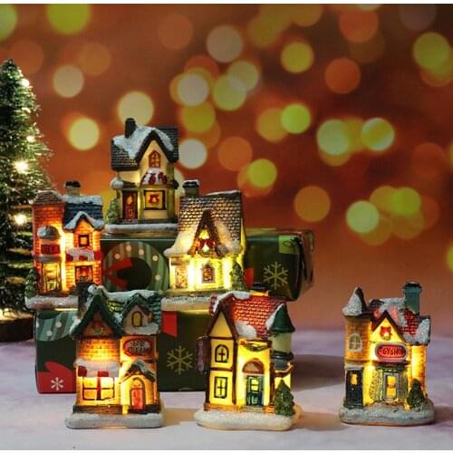 Luminous Resin Mini Christmas House Model Figurine DIY Landscape Xmas Home Decor Christmas Ornaments Home Decoration Gift