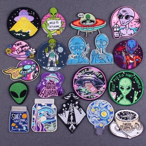 Iron On Patch Alien UFO Patches On Clothes Heat-adhesive Embroidered Patches For Clothing Astronaut Patch For Apparel Accessory