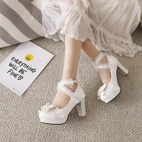 JETT DRAGON Ladies Sweet Lolita Pearl Pendant Bowknot Lace Party Shoes Women 2021 Pink Blue High Heel Bordered Princess Size 45