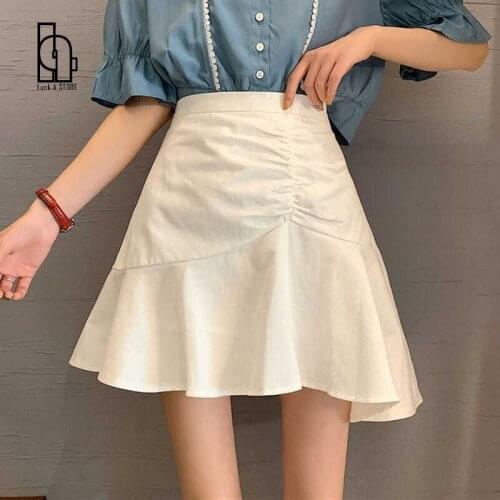 Luck A Summer Solid Kawaii Skirt Women Korean Gothic High Waist A-Line Sweet Mini Skirt Irregular Beach Fishtail Y2k Skirt 2021