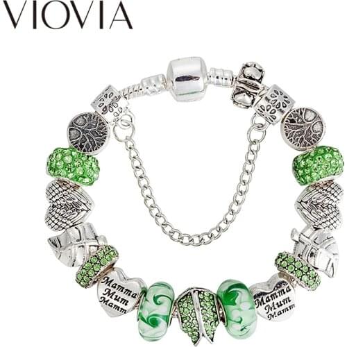 VIOVIA Vintage Jewelry Feather Beads Charms Charm Bracelet For Kids Women With Silver Color Snake Chain Brand Bracelet B17116