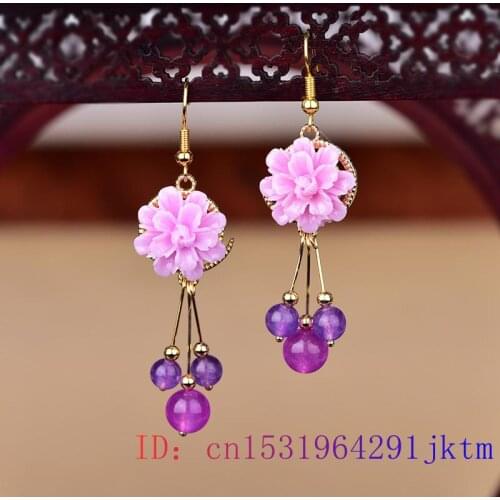 Purple Jade Flower Earrings Chalcedony Amulet Fashion Gifts Natural Crystal Women 925 Silver Jewelry Charm Gemstone Zircon