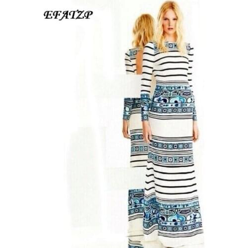 Europe Top Fashion Womens High Quality Long Sleeve Sky Blue Geometric Striped Printed Maxi Long Jersey Silk Drss