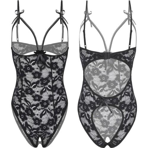 Womens Exotic Lingerie Bodysuit Catsuit Flower Sheer Lace Spaghetti Strap Hollow Out Sexy Open Cup Sissy Crotchless Teddies