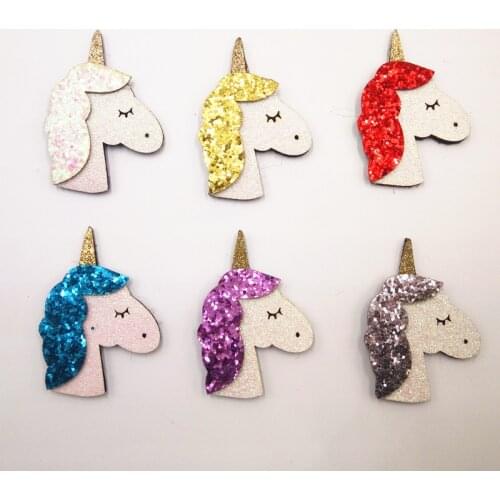 24pcs/lot 4.3x6cm glitter shiny Unicorn Padded Appliques for Children Hair Accessories and Clothes Sewing Supplies DIY Craft