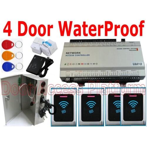4 OutDoor Access controller Full kit,4 door control panel 4 WaterProof IP54 RFID EM ID Card Scanner+UPS Power supply box+Web IP