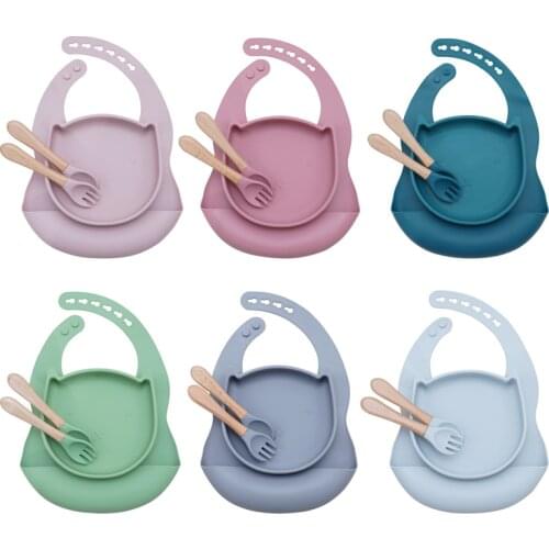 4PCS Silicone Cookware Tableware Waterproof Baby Bibs For Children Saliva Towel Feeding Solid Food Dishes Plates Training Spoon