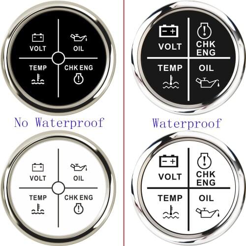 4 LED Alarm Indicator Meter 52MM Gauge Volt/Oil/Water Temp/Check Engine Indicator for Marine Car Boat With Red Backlight