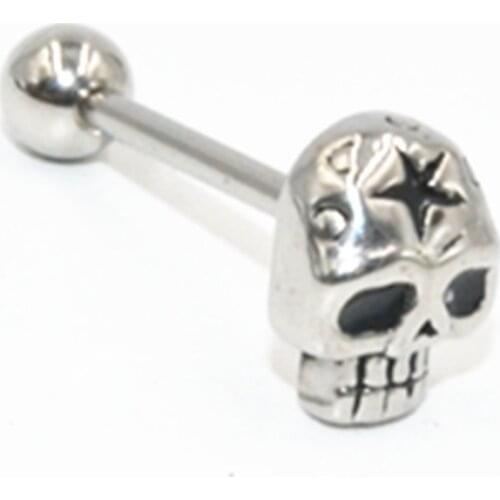 50pcs Free shippment Body Piercing Jewelry- PUNK EMO Skull Head Tongue Ring Bar Nipple Sheild Barbells Piercing 14GX16MM