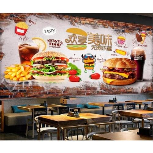 Beibehang Classic fashion wall paper hand painted brick delicious burger fast food restaurant tooling background 3d wallpaper