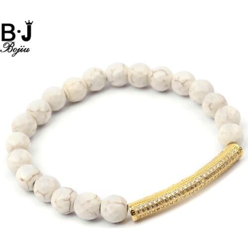 Boho Natural Turquoises Stone Beaded Bracelets For Women Gold Micro Pave Crystal Brass Tube Iced Out Charm Bracelet Femme BC364