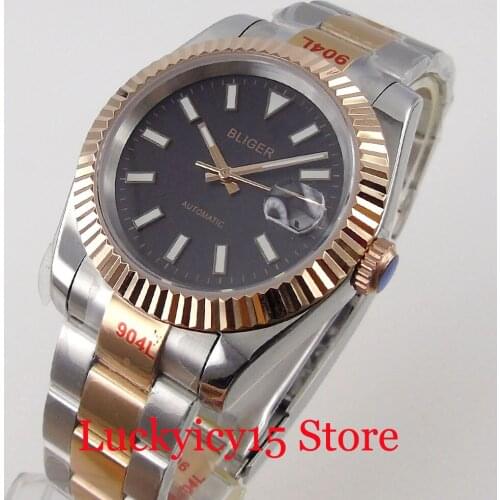 BLIGER Two Tone Rose Gold 36mm/39mm Selfwinding Men Watch 21 Jewels MIYOTA 8215 Oyster Glide Lock Baton Hands Sapphire Glass