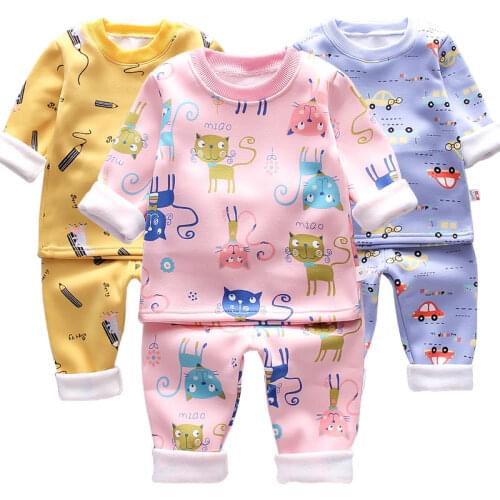 Baby Clothes Autumn and Winter Plus Velvet Thick Warm Clothes Pajamas Suit Boys and Girls Cartoon Home Service Two-piece Suit