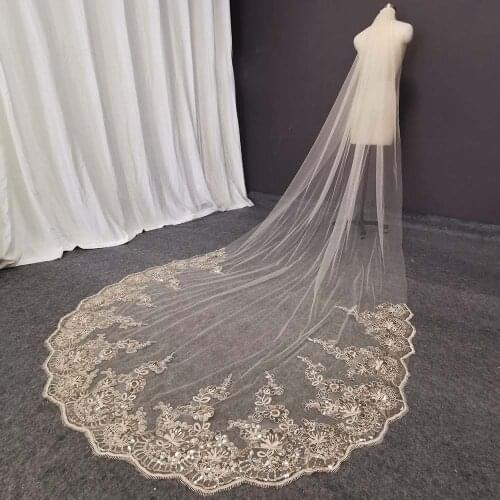 Champagne Lace Long Wedding Veil Shine Sequins Lace Soft Tulle Bridal Veil with Comb Cathedral Veil Wedding Accessories