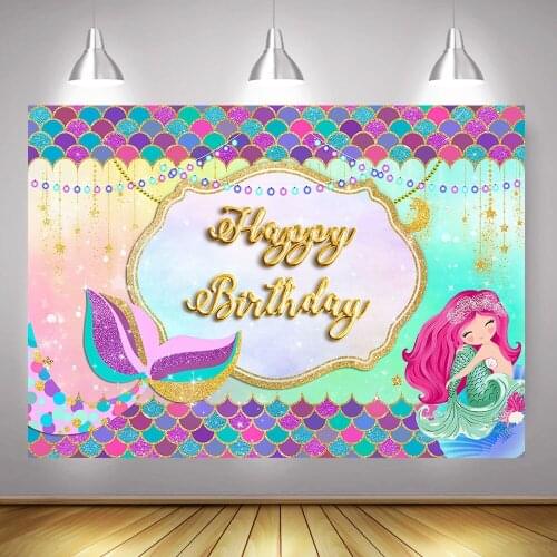 Mermaid Birthday Party Decoration Photography Backdrop for Princess Rainbow Fish Scale Gold Glitter Mermaid Background Photocall
