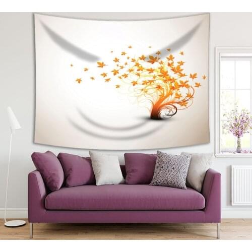 Tapestry Autumn Tree Flying Leaves Nature Meadow Environment Fun Cartoon Illustration Yellow Beige