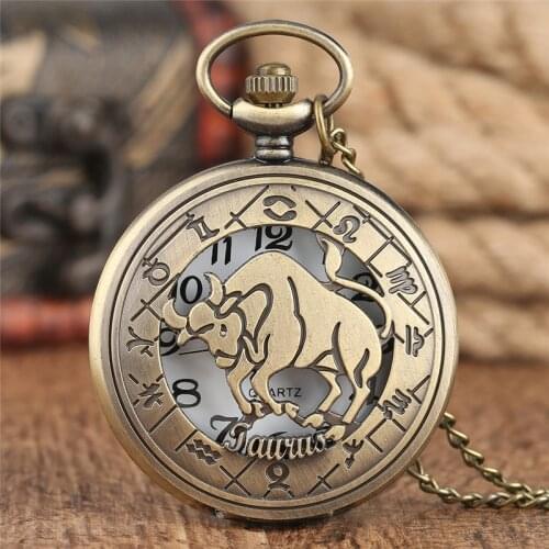 Classic Constellation Pocket Watch Fine Hollow Taurus Cover Pendant Chain Special Children Gifts Anniversary Couple Clock hour