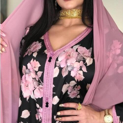 2021Loose Muslim Jalabiya Long Sleeve Arabic Oman Dubai Islamic Clothing Eid Ramadan Elegant Ethnic Floral Maxi Dress for Women