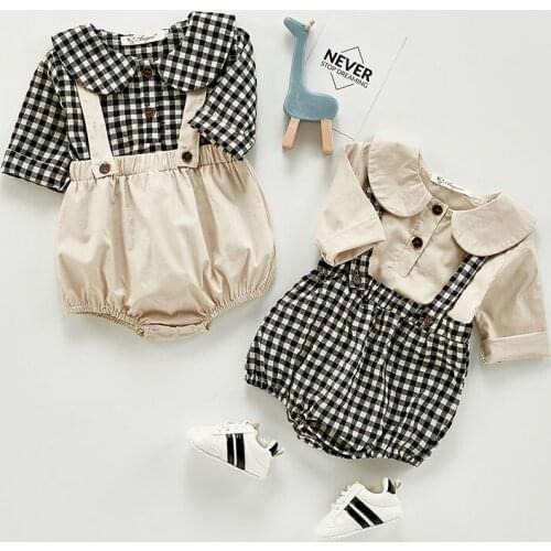 Infant Baby Boys Girls Long Sleeve Cute Grid Shirt + Braces Rompers Clothing Sets Spring Autumn Kids Boys Girl Suit Clothes