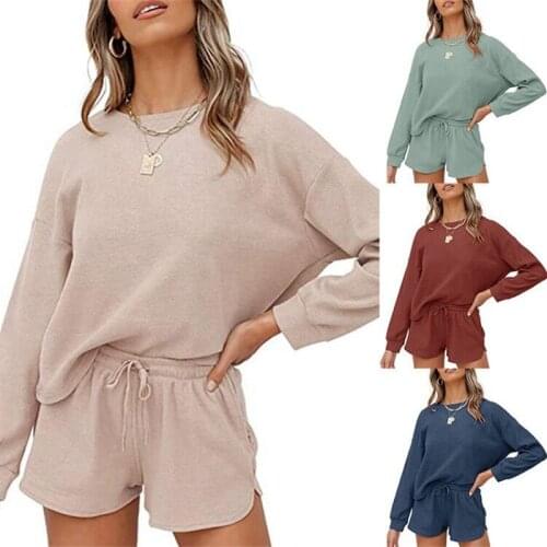 New Loungewear Woman Pajamas Set 2 Pcs Solid Color Female Casual Sleepwear Summer Autumn Pyjamas Shorts Suit Homewear