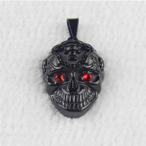 Red CZ Eyes Gothic Punk Womens Mens Black Skull Stainless Steel Pendant