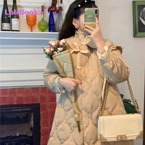 Lolibook Girl bow-knot cotton-padded Jacket Winter New Sweet And age-reducing Small Thick mid-length Padded Jacket