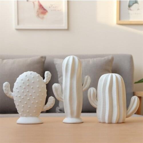 Nordic Ceramic Cactus Figurines Creative Plant Shape Ornament White Porcelain Modern Crafts Home Decoration Office Furnishings