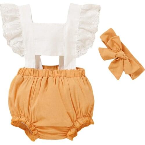 Baby Clothing Summer Newborn Infant Solid Color Lace Sleeveless Romper+ Headwear 2PCS Set Baby Girls Sweet Style Clothes