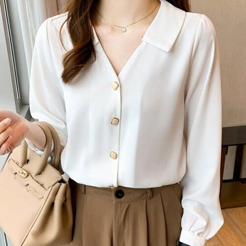 Autumn Long Sleeve Blouse Women Turn Down Collar Chiffon White Blouse Shirt Tops Blusas Mujer De Moda 2021 Blouses Shirts F179