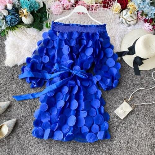 Blue One-line Neck Strapless Flower Super Fairy Dress, Puff Sleeves, Waist Slimming, Lace Mid-length Skirt Dresses for Women
