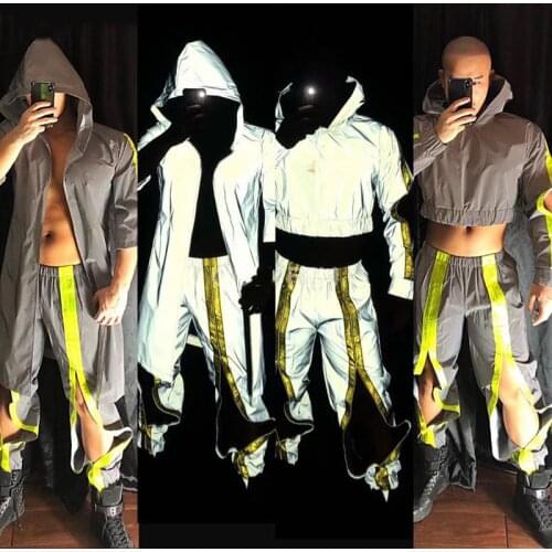 Men Future Technology Style Reflective Fluorescent Set Nightclub Bar Singer Dancer Male Stage Gogo Costume Clubwear XS2474