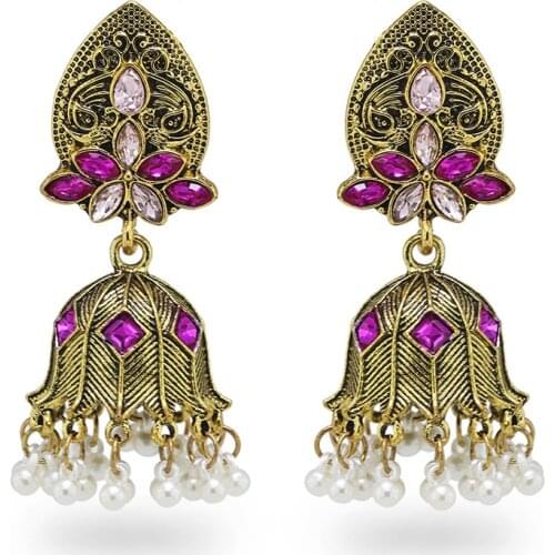 Vintage Gold Metal Bridal Drop Earrings Indian Palace Pearl Crystal Statement Earring Middle East Ethnic Wedding Party Jewelry
