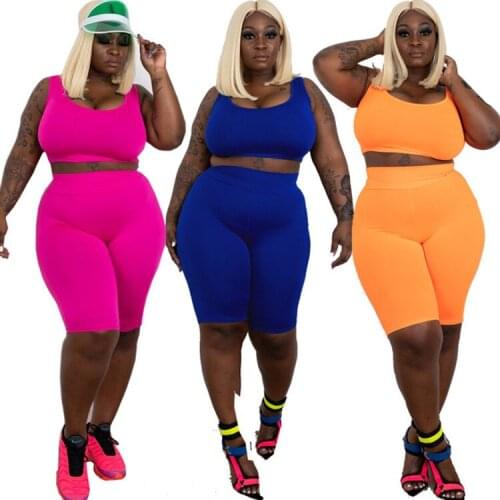 European and American Plus Size Womens Clothing AliExpress Hot Sale Sleeveless Vest Shorts Suit Sexy Slim Two-piece Women