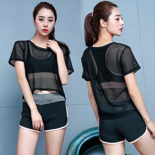 Womens Mesh Yoga Shirt Sexy Short Sleeve T-Shirt Sport Top Blouse Cover Up Quick Dry Gym Clothes Running Fitness Tank Sportwear