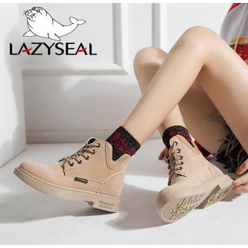 LazySeal Fashion Spring Autumn Boots Ankle Boots For Women Flock Lace-up Round Toe Platform Motorcykle Woman Shoes New Air Mesh