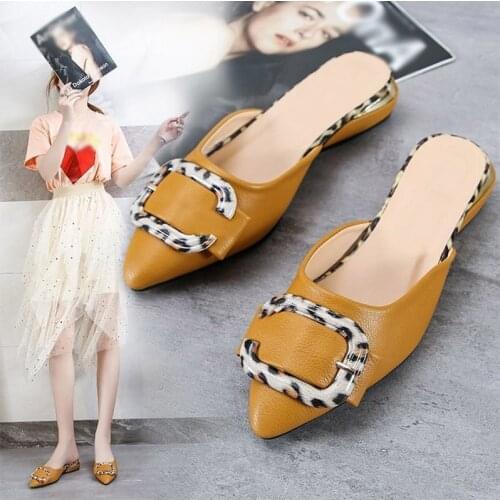 Women Summer Slip On PU Slippers Ladies Pointed Toe Cone Heels Slipper Woman Fashion Metal Leopard Casual Female Party Sandal